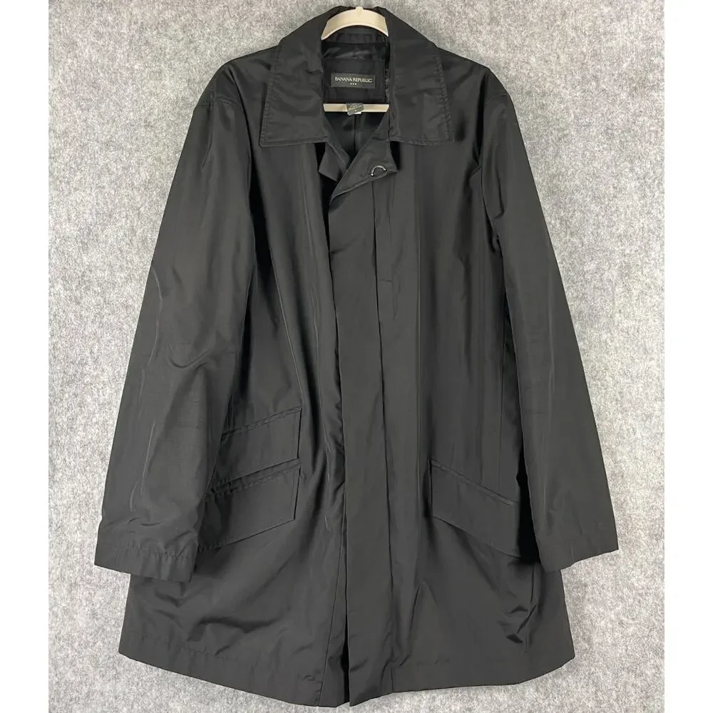 Vintage Banana Republic Factory Trench Coat Mens Large Black Water Resistant - Picture 1 of 16